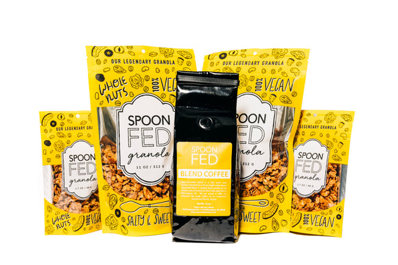 Spoonfed Granola and Coffee Bundle features two 11oz bags and two 1.7oz bags of granola with a 12oz bag of our locally roasted Spoonfed Blend Coffee